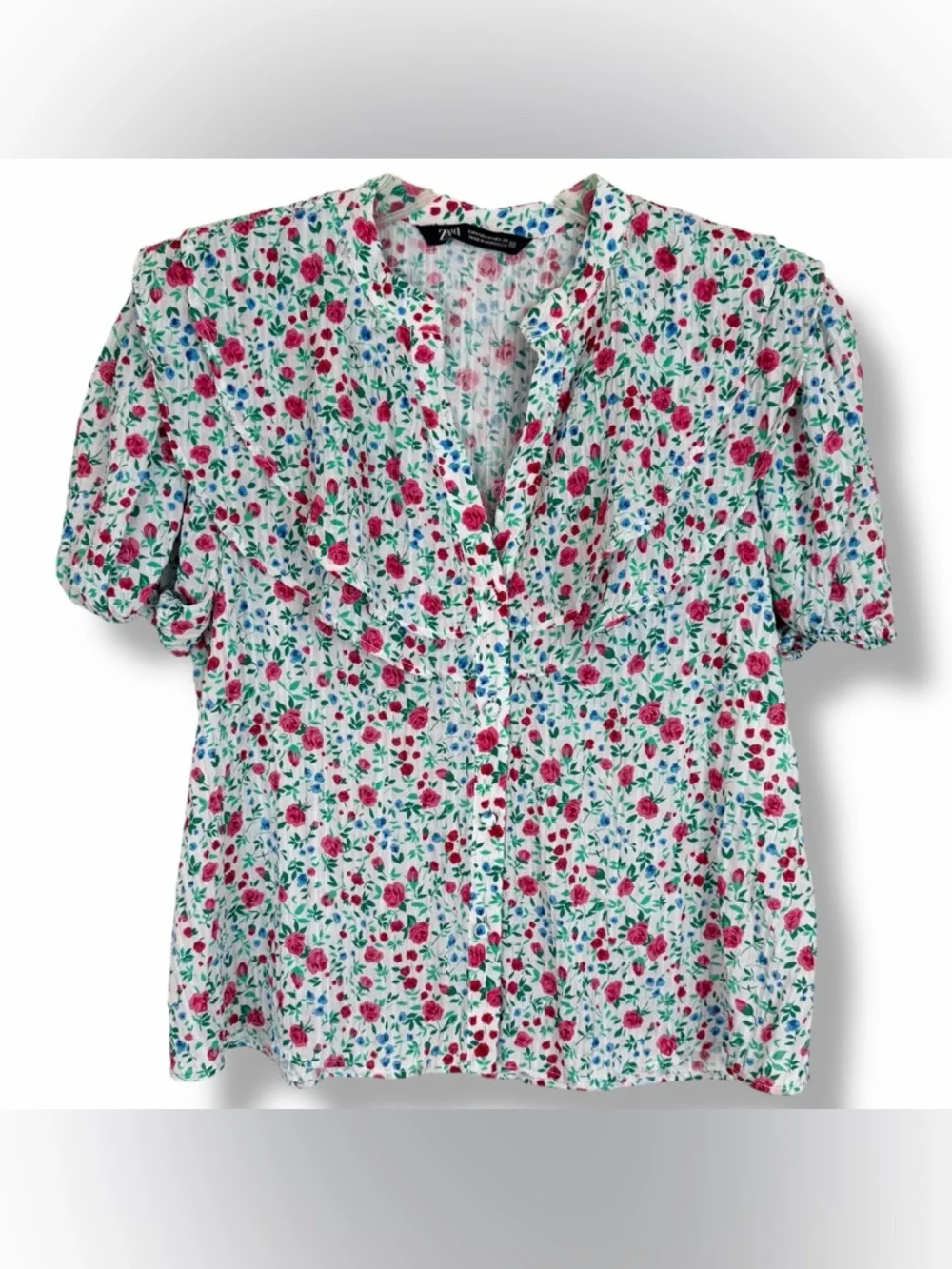 Zara White Floral Print Multi Color Crinkle V-Neck Puff Short Sleeve Top Blouse